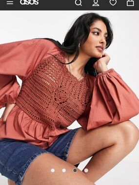 NWT ASOS Crochet-Panel Peasant Blouse in Rust puff long sleeve women’s size 6